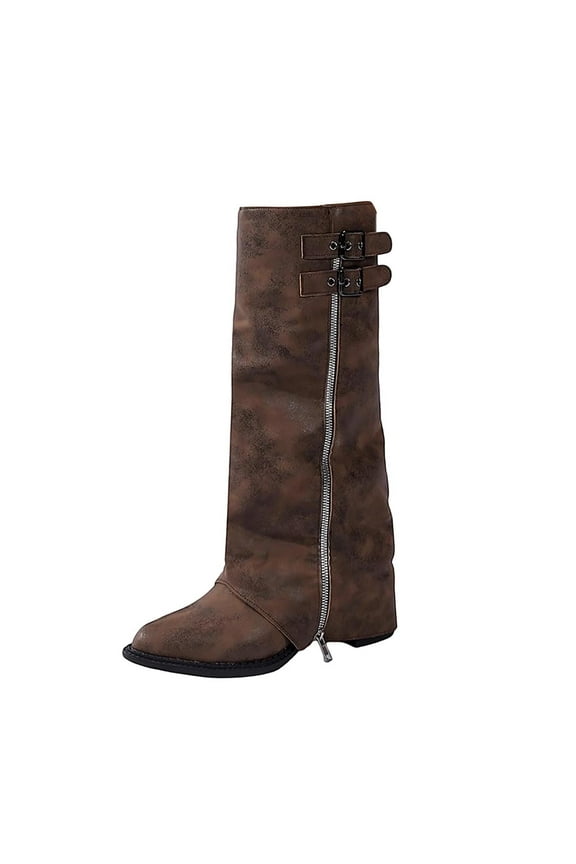 Knee-High Boots for Women Casual Winter Style Pointed Toe Side Zipper Thick Mid-Heel Footwear for Outdoor and Indoor Events