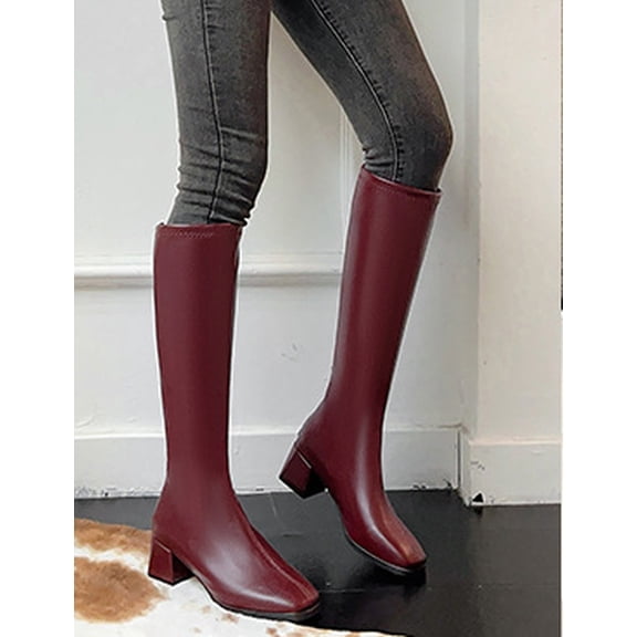 Knee High Boots for Women Chunky Heel Square Toe Tall Boots Wide Calf Fashion Long Boot with Side Zipper