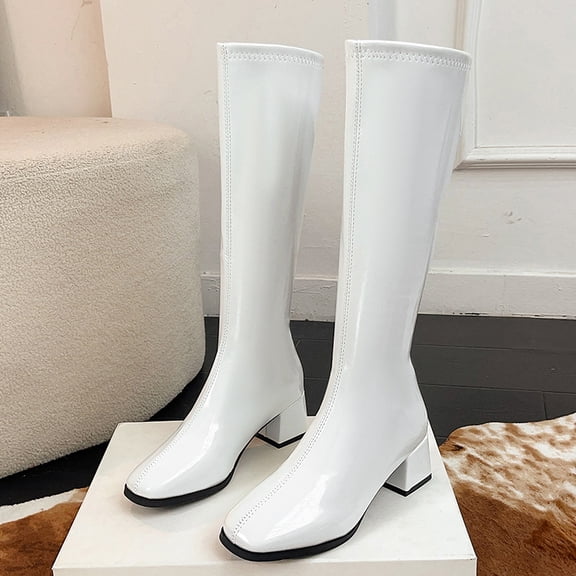 Knee High Boots for Women Chunky Heel Square Toe Tall Boots Wide Calf Fashion Long Boot with Side Zipper