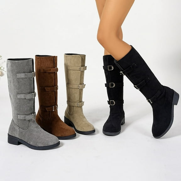 Knee High Boots for Women Chunky Low Heel Round Toe Booties Women's Trendy Casual Outdoor Comfortable Warm Fall Winter Shoes Gray 6.5