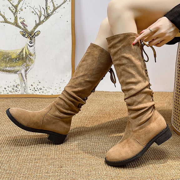Knee High Boots for Women Low Heel Stretchy Fuax Suede Round Toe Side Zipped Winter Boot (Khaki 37)