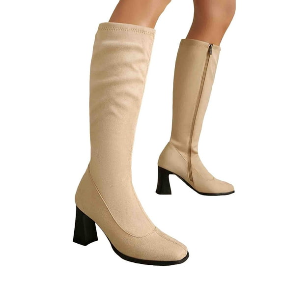 Knee High Boots for Women Chunky Mid Heels Square Toe Suede Stretchy Fall Booties Comfortable Mid Calf Riding Boots Beige Size 6