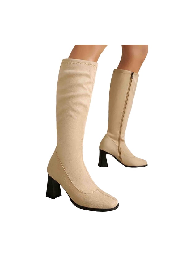 Knee High Boots for Women Chunky Mid Heels Square Toe Suede Stretchy Fall Booties Comfortable Mid Calf Riding Boots Beige Size 7