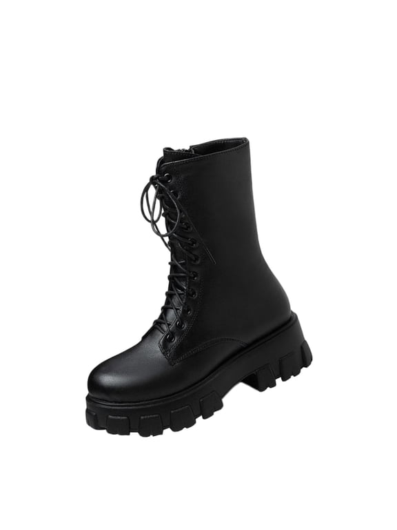 Knee High Boots for Women Combat Lace Up Platform Lug Sole Side Zipper Tall Military Booties 38
