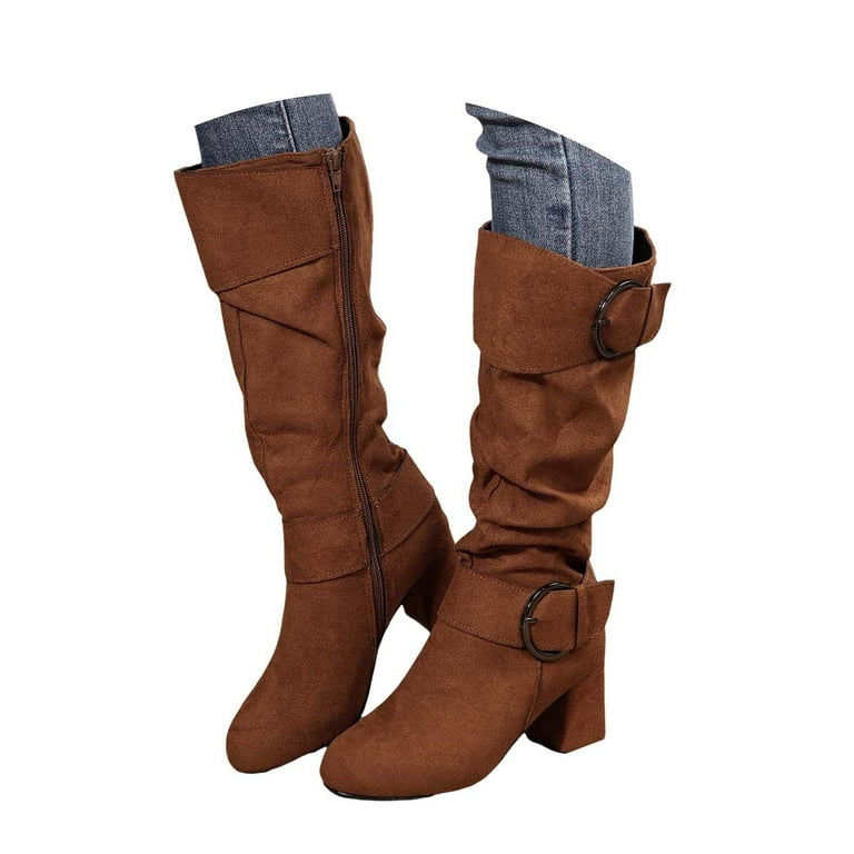 Knee High Boots for Women Fashion Slouchy Buckle Pointed Toe Heels