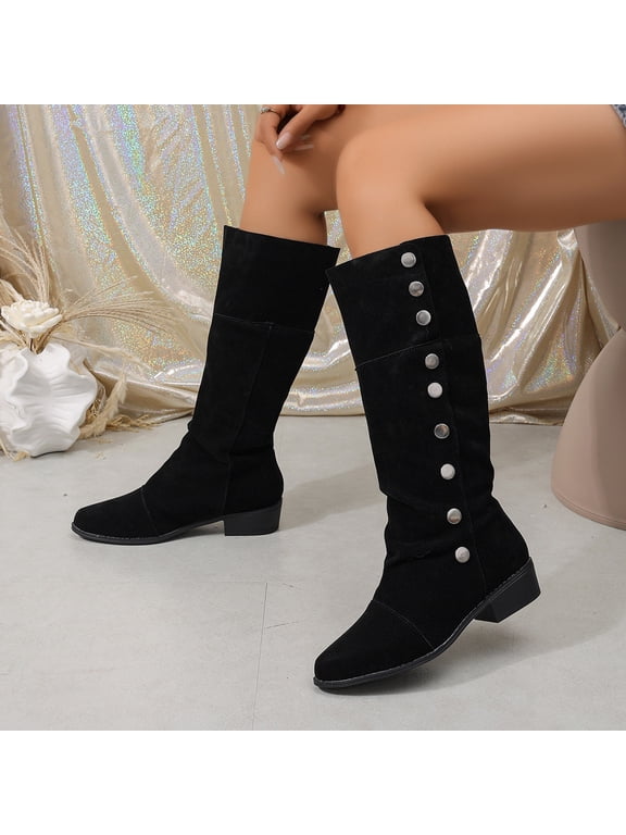 Knee High Boots for Women Faux Suede Slouchy Fashion Button Closure Low Block Heel Fall Boots