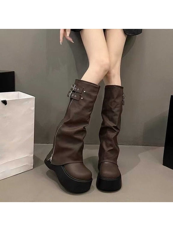 Knee High Boots for Women Foldover Wide Calf Pull on Cute Chunky Platform Riding Boots Fashion Long Tall Fall Trendy Boots Brown 4.5(35)