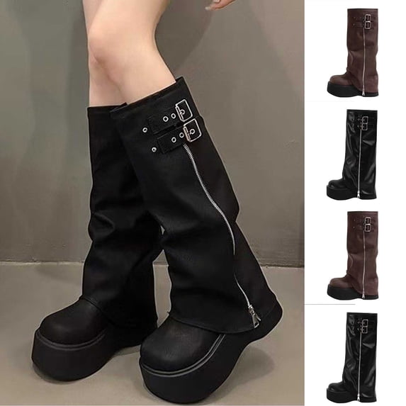 Knee High Boots for Women Foldover Wide Calf Pull on Cute Chunky Platform Riding Boots Fashion Long Tall Fall Trendy Boots Brown 7.5(40)