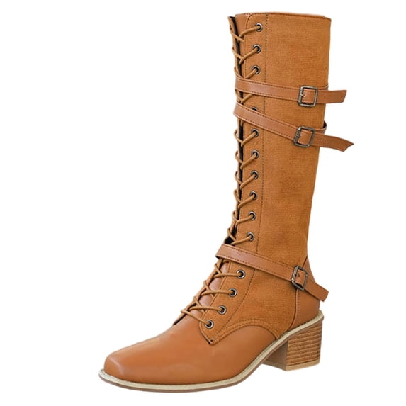 Knee High Boots for Women Lace Up Buckle Block Heel with Side Zipper Square Toe Winter Fashion Casual Shoes Brown 6.5