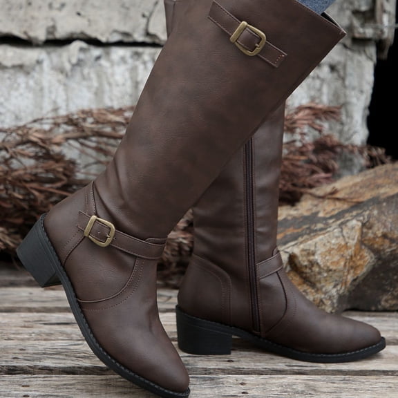Knee High Boots for Women Low Heel Motorcycle Long Boot Country Buckle Strap Western Cowgirl Tall Shoes