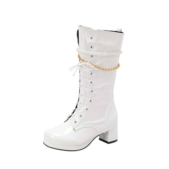 Knee High Boots for Women Mid Calf Boots Chunky Block Heels Buckle Lace Up Boots Stylish Fall Winter Shoes White 40