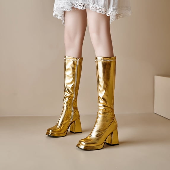 Knee High Boots for Women Platform Square Toe Block Heeled Tall Boots (Gold 35)