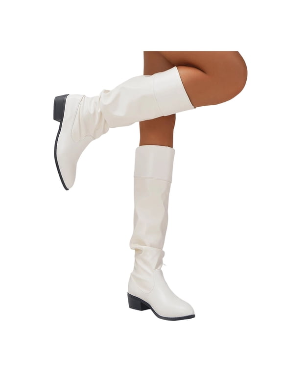 Knee High Boots for Women Pointed Toe Block Heel Pull On Shoes Fall Slouch Ruched Casual Walking Fashion Comfortable Booties White 6.5