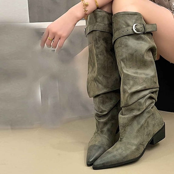 Knee High Boots for Women Pointed Toe Fashion Comfortable Slouchy Flat Boot for Fall Winter Gray 7.5