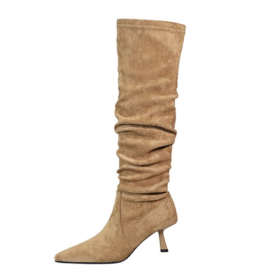 Knee High Boots for Women Pointed Toe Tall Boots Faux Suede Stiletto Heel 6.5CM Pleated Work Office Ankle Boot