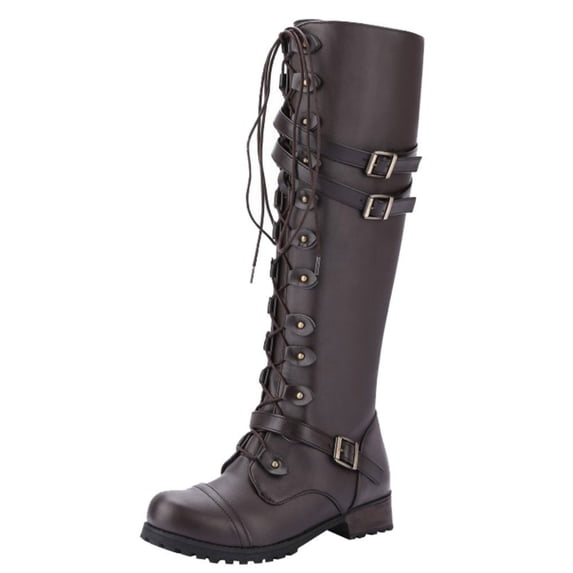 Knee High Boots for Women Riding Military Lace Up Buckle Straps Low Heel Side Zipper Tall Booties 37