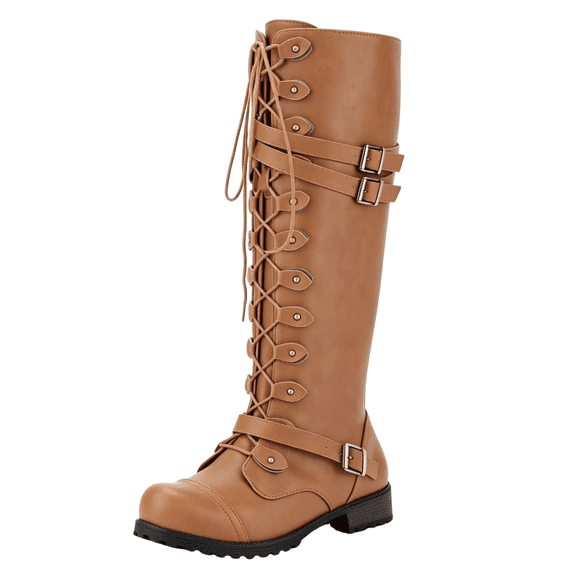 Knee High Boots for Women Riding Military Lace Up Buckle Straps Low Heel Side Zipper Tall Booties 41