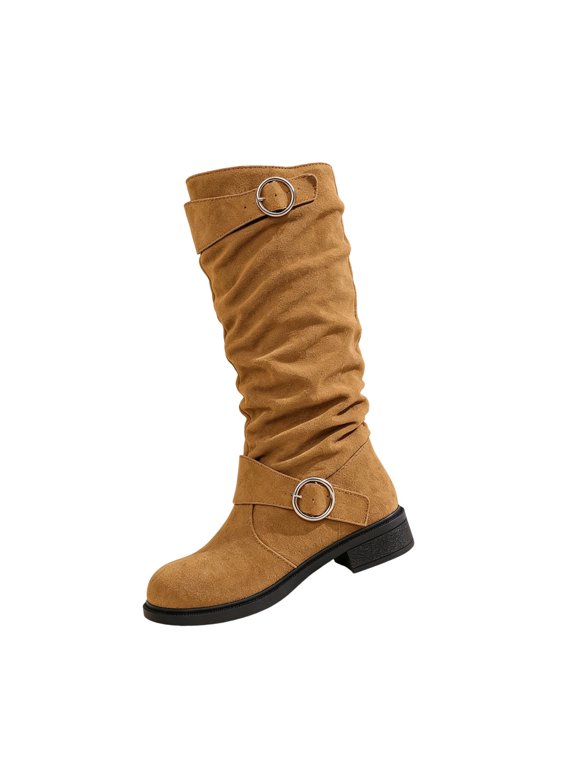 Knee High Boots for Women Slouchy Round Toe Low Block Heel Ring Buckle Tall Booties 36