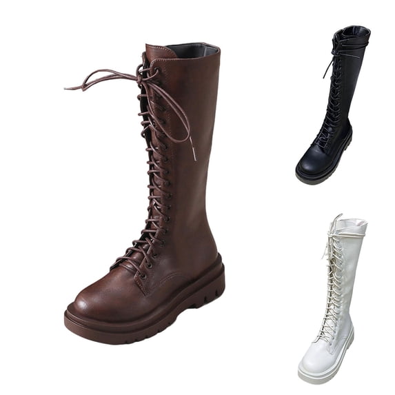 Knee High Boots for Women Thick-Soled Chunky Mid Heel Round Toe Boots Casual Warm Booties Solid Color Winter Shoe for Women's Trendy White 6.5