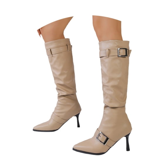 Knee High Boots for Women Wide Calf Slouchy Tall Boot Kitten High Pointed Toe Side Zipper Winter Fashion