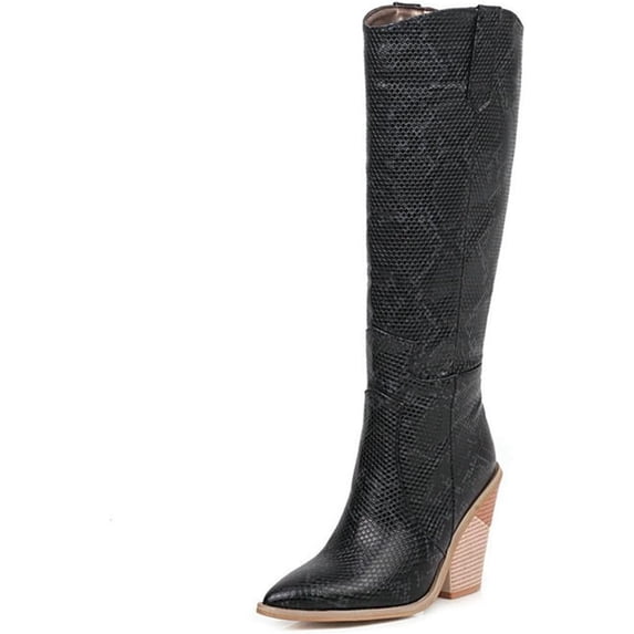 Knee High Boots for Women's Fashion Chunky Heel Pointed Toe Cowboy Booties Western Snakeskin Cowgirl Boot