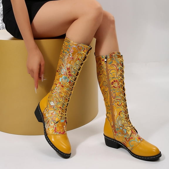 Knee High Combat Boots for Women Vintage Ethnic Flower Embroidered Leather Lace Up Round Toe Chunky Low Heels Mid Calf Riding Boots Winter Fall Retro Side Zipper Knee Length Tall Boot