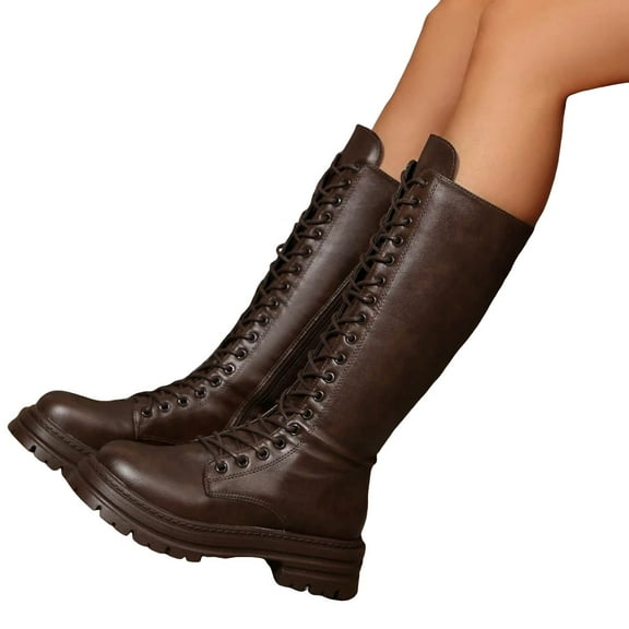 Knee High Combat Boots for Women Platform Chunky Heel Lace up Zipper Waterproof Leather Fall Winter Motorcycle Riding Booties