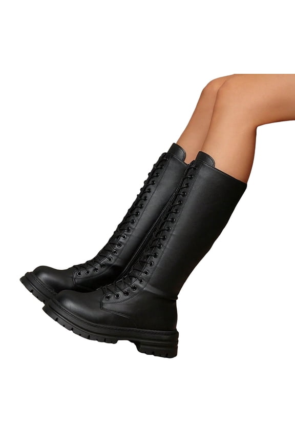Knee High Combat Boots for Women Platform Chunky Heel Lace up Zipper Waterproof Leather Fall Winter Motorcycle Riding Booties