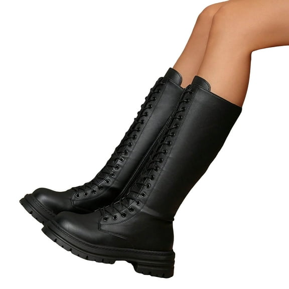 Knee High Combat Boots for Women Platform Low Heel Lace up Round Toe Leather Mid Calf Long Booties