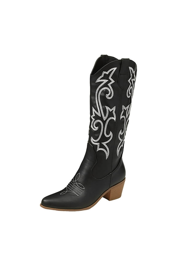 Knee High Cowboy Boots Women Wide Mid Calf Leather Pointed Toe Western Cowgirl Slip on Knight Riding Boots