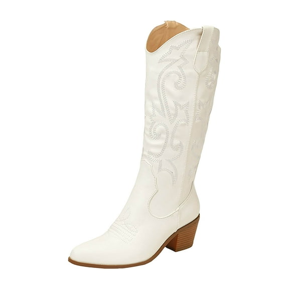 Knee High Cowboy Boots Women Wide Mid Calf Leather Pointed Toe Western Cowgirl Slip on Knight Riding Boots