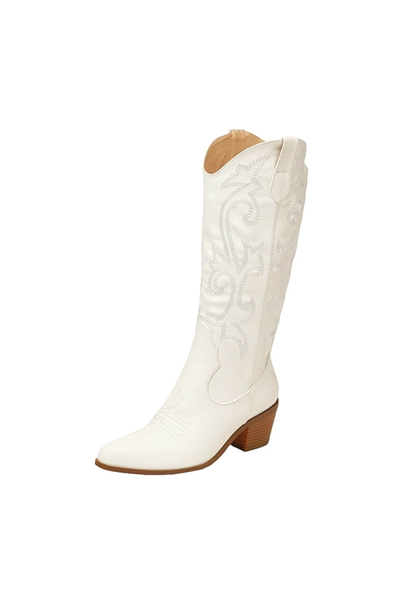 Knee High Cowboy Boots Women Wide Mid Calf Leather Pointed Toe Western Cowgirl Slip on Knight Riding Boots