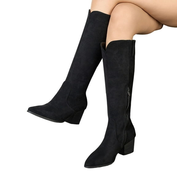 Knee High Cowboy Boots for Women Fashionable Winter Fall Suede Pointed Toe Wide Mid Calf Cowgirl Tall Riding Boots