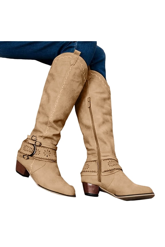 Knee High Cowboy Boots for Women Pointed Toe Retro Strappy Zip up Stacked Heel Tall Cowgirl Booties