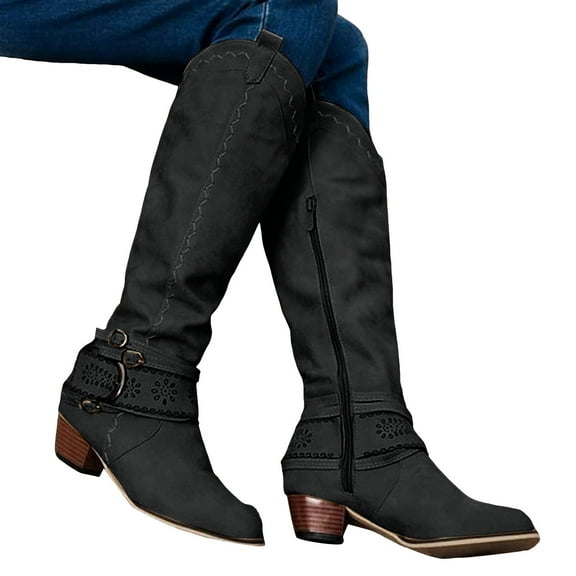 Knee High Cowboy Boots for Women Pointed Toe Retro Strappy Zip up Stacked Heel Tall Cowgirl Booties