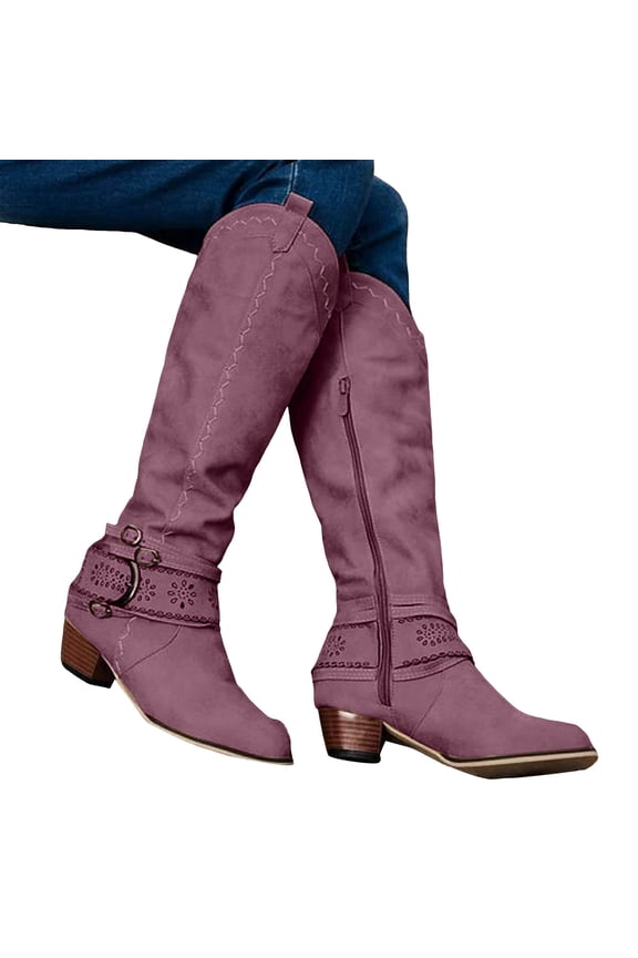 Knee High Cowboy Boots for Women Pointed Toe Retro Strappy Zip up Stacked Heel Tall Cowgirl Booties