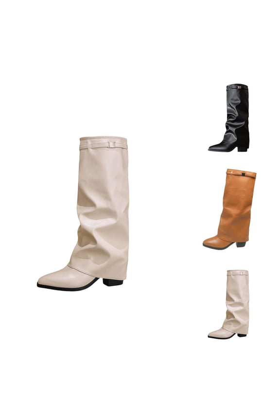 Knee High Fashion Boots for Women, Pointed Toe Mid Calf Design with Buckle, Comfortable Fall and Winter Dress Boots