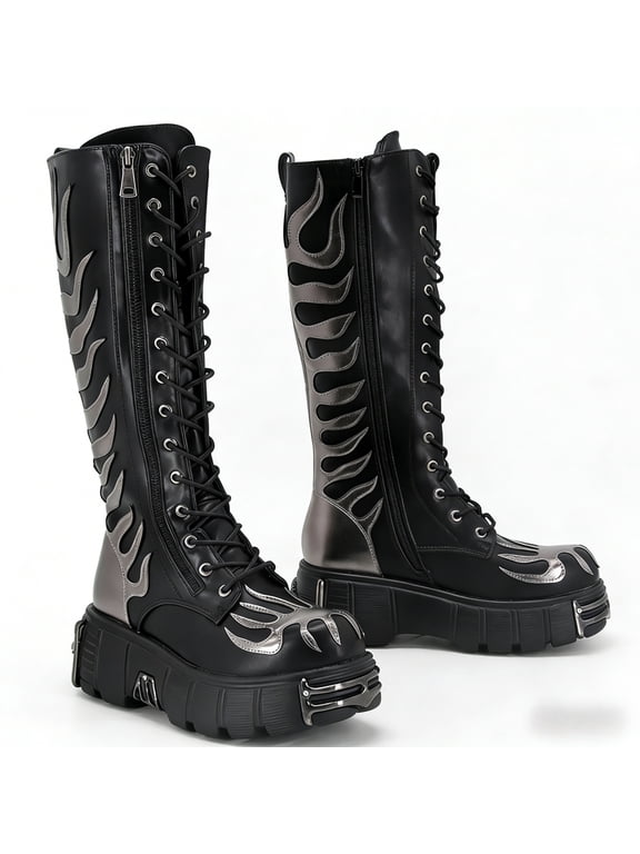 Knee High Flame Round Toe Thick Sole Platform Chunky Heels Women Shoes Plus Size Metal Decoration Fashion Gothic Punk Street Casual Shoes