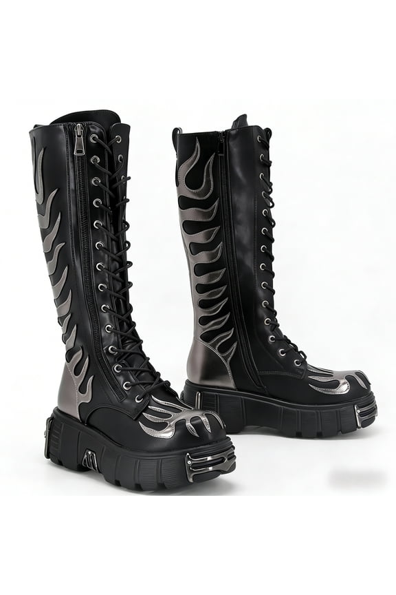 Knee High Flame Round Toe Thick Sole Platform Chunky Heels Women Shoes Plus Size Metal Decoration Fashion Gothic Punk Street Casual Shoes