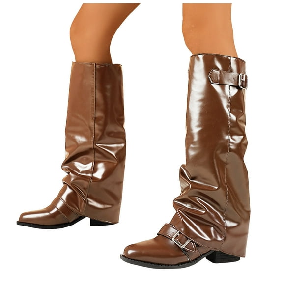 Knee High Fold over Boots for Women 2025 Fashion Slouchy Buckle Leather Pointed Toe Hidden Heeled Wide Calf Tall Boots