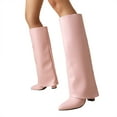 thumbnail image 1 of Knee High Fold over Boots for Women Winter Fall Leather Pointed Toe Cover Heels Pull on Wide Calf Foldover Long Tall Boots, 1 of 7
