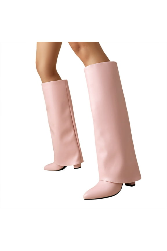 Knee High Fold over Boots for Women Winter Fall Leather Pointed Toe Cover Heels Pull on Wide Calf Foldover Long Tall Boots