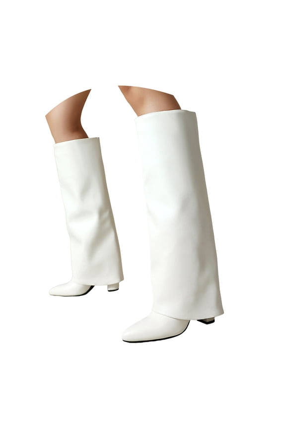 Knee High Fold over Boots for Women Winter Fall Leather Pointed Toe Cover Heels Pull on Wide Calf Foldover Long Tall Boots