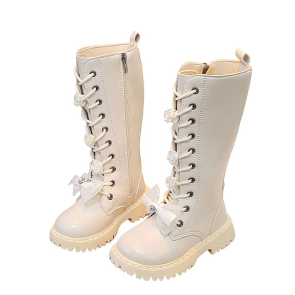 Knee High Girls Boots Elegant Dress Pearl Strappy Sweet Bow Long Riding Booties Lug Sole Side Zipper Tall Fall Boots Beige 2 Big Kids