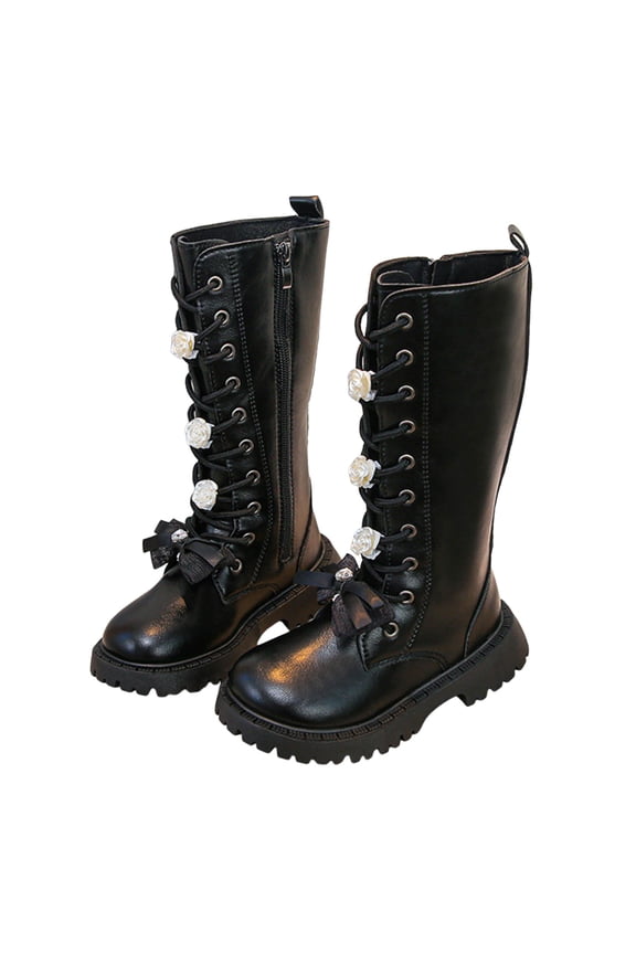 Knee High Girls Boots Elegant Dress Pearl Strappy Sweet Bow Long Riding Booties Lug Sole Side Zipper Tall Fall Boots Black 10 Little Kid