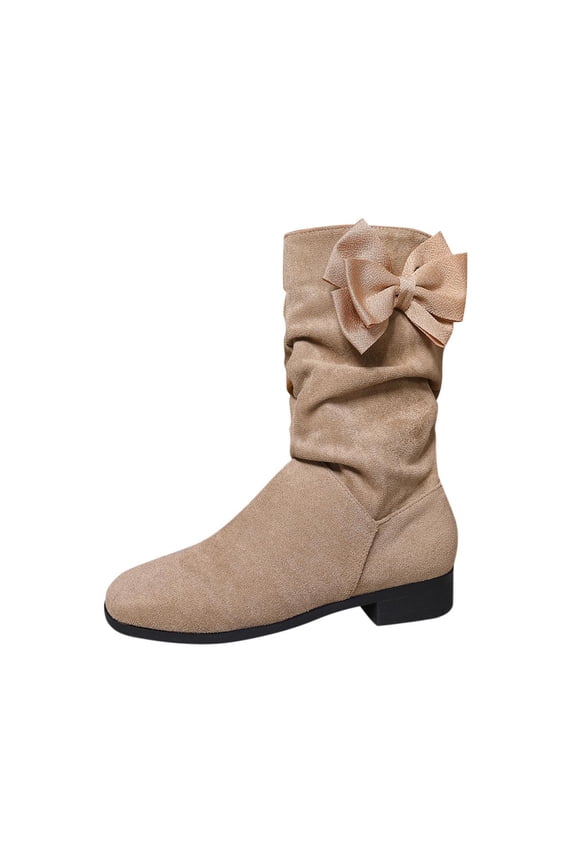 Knee-High Heeled Boots for Women, Comfortable Slouchy Solid Color Mid-Calf Boots with Bow Detail for Casual Winter Wear