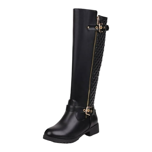 Knee High Motorcycle Riding Boots for Women Leather Buckle Zipper Knee Length Combat Tall Boots
