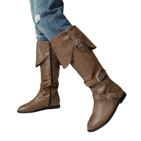 Knee High Motorcycle Riding Boots for Women Vintage Buckle Low Heel Mid Calf Combat Work Tall Boots