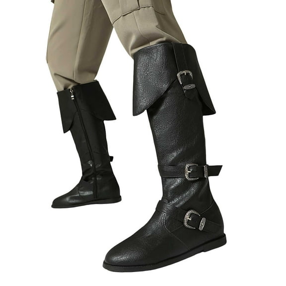 Knee High Motorcycle Riding Boots for Women Vintage Buckle Low Heel Mid Calf Combat Work Tall Boots