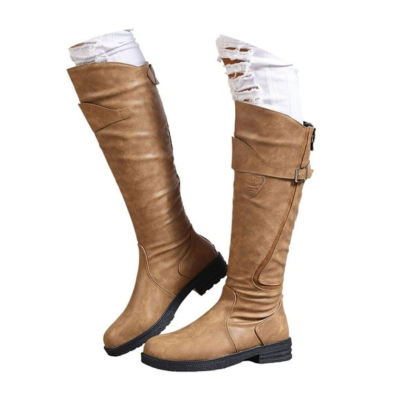 Knee High Motorcycle Riding Boots for Women Vintage Casual Leather Low Heel Knight Tall Booties